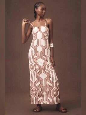 Anthropologie Strapless Linen Plunge-Neck Midi Dress Sz 14